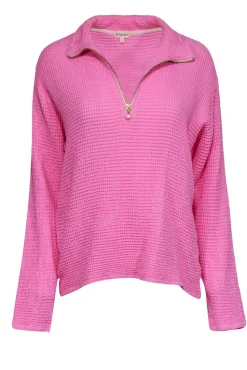 Donni - Pink Cotton Waffle Knit Quarter-Zip Pullover Sz L