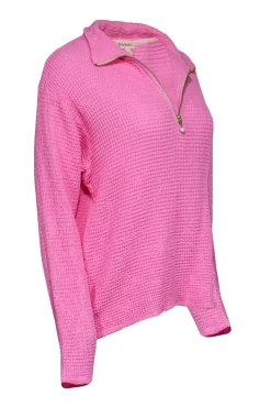 Donni - Pink Cotton Waffle Knit Quarter-Zip Pullover Sz L