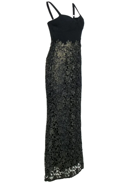 Dress the Population - Black & Gold Lace Bustier Column Gown Sz M