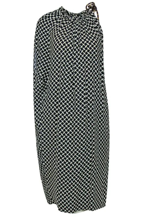 Dries Van Noten - Black & White Printed Draped Shift Dress w/ Accent Cord Sz 6