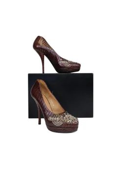 Dries Van Noten - Brown Leather Pumps w/ Silver Beading Sz 9