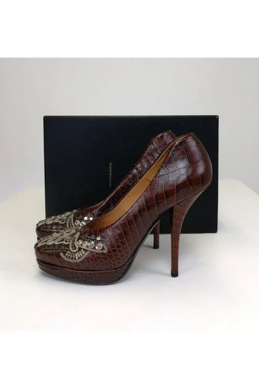Dries Van Noten - Brown Leather Pumps w/ Silver Beading Sz 9