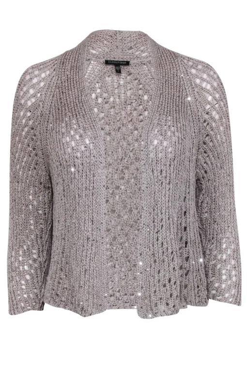 Eileen Fisher - Grey Cotton Knit Open Cardigan w/ Sequin Design Sz S