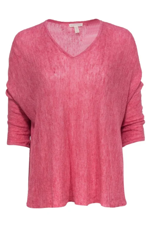 Eileen Fisher - Pink Linen Quarter Sleeve Knit Sweater Sz XS