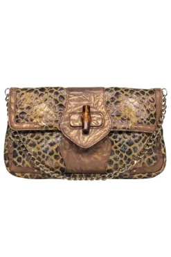Elaine Turner - Bronze & Tan Giraffe Print Shoulder Bag w/ Bamboo Clasp