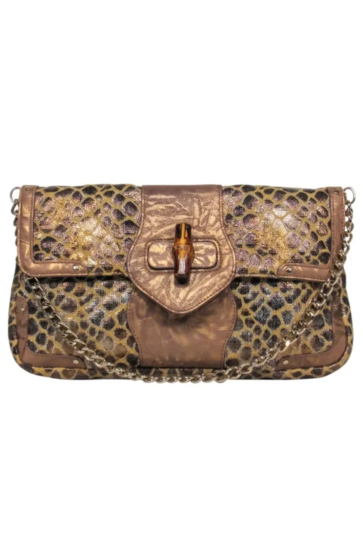 Elaine Turner - Bronze & Tan Giraffe Print Shoulder Bag w/ Bamboo Clasp