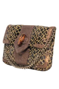 Elaine Turner - Bronze & Tan Giraffe Print Shoulder Bag w/ Bamboo Clasp