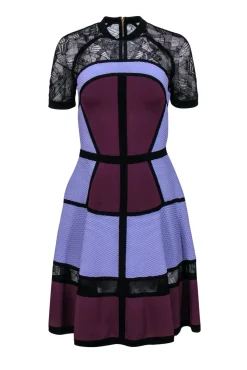 Elie Saab - Purple Textured Paneled A-Line Dress w/ Lace Sz 6