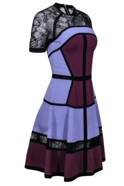 Elie Saab - Purple Textured Paneled A-Line Dress w/ Lace Sz 6