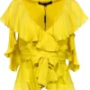 Elie Saab - Yellow Ruffled Cold Shoulder Belted Wrap Blouse Sz 2