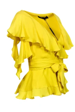 Elie Saab - Yellow Ruffled Cold Shoulder Belted Wrap Blouse Sz 2