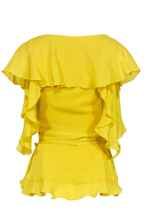 Elie Saab - Yellow Ruffled Cold Shoulder Belted Wrap Blouse Sz 2