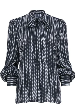 Elie Tahari - Black & White Print Blouse w/ Neck Tie Detail Sz M