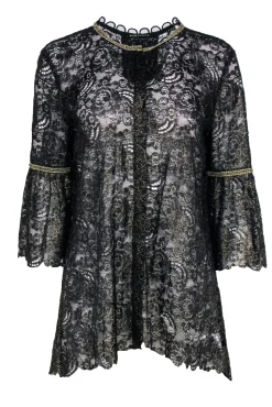 Elie Tahari - Black Lace w/ Gold Trim Button Front Blouse Sz L