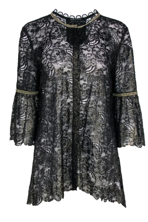 Elie Tahari - Black Lace w/ Gold Trim Button Front Blouse Sz L