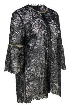 Elie Tahari - Black Lace w/ Gold Trim Button Front Blouse Sz L