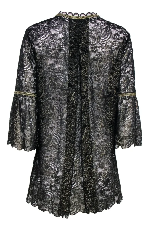 Elie Tahari - Black Lace w/ Gold Trim Button Front Blouse Sz L