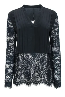 Elie Tahari - Black Pleated & Navy Lace Blouse Sz M