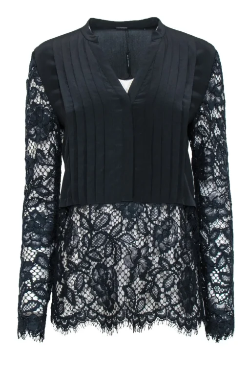 Elie Tahari - Black Pleated & Navy Lace Blouse Sz M