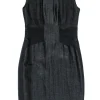 Elie Tahari - Black Shiny Sleeveless Sheath Dress w/ Leather Trim Sz S
