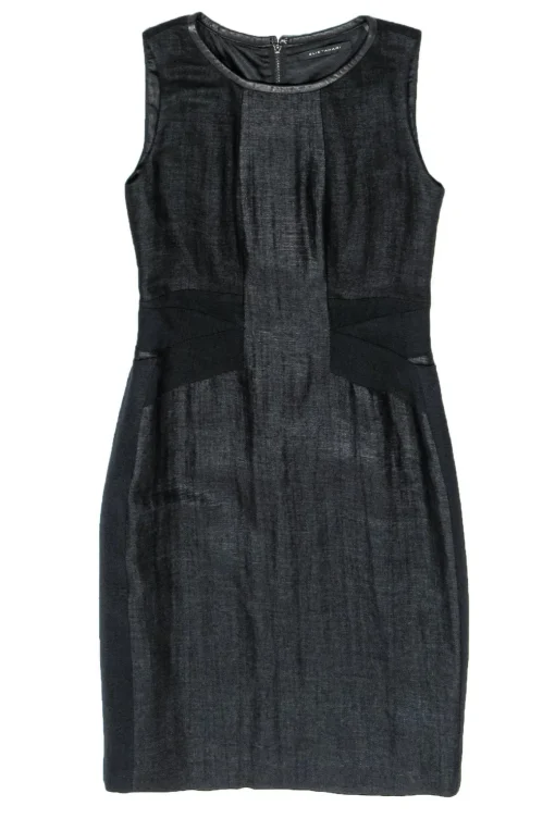 Elie Tahari - Black Shiny Sleeveless Sheath Dress w/ Leather Trim Sz S