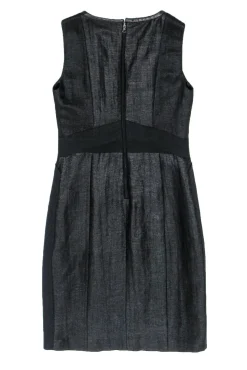 Elie Tahari - Black Shiny Sleeveless Sheath Dress w/ Leather Trim Sz S
