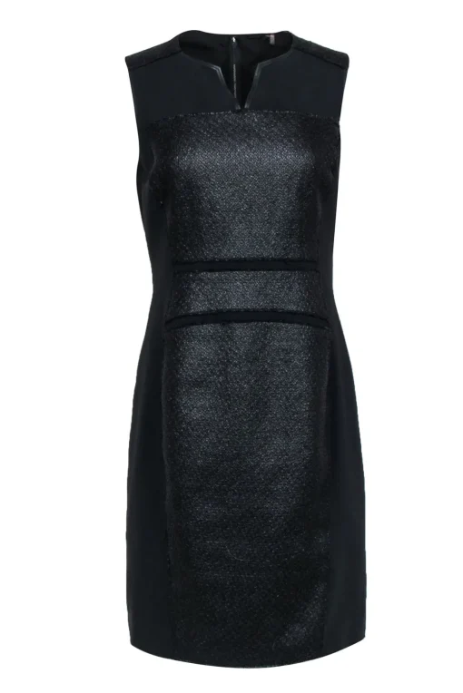 Elie Tahari - Black Textured Woven Blocked Sheath Dress w/ Leather Trim Sz 8