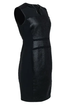 Elie Tahari - Black Textured Woven Blocked Sheath Dress w/ Leather Trim Sz 8