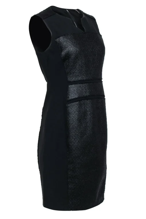 Elie Tahari - Black Textured Woven Blocked Sheath Dress w/ Leather Trim Sz 8