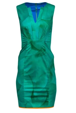 Elie Tahari - Green Patterned Sheath Dress w/ Orange Trim Sz 0