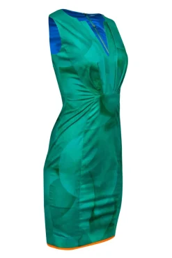 Elie Tahari - Green Patterned Sheath Dress w/ Orange Trim Sz 0