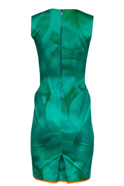 Elie Tahari - Green Patterned Sheath Dress w/ Orange Trim Sz 0