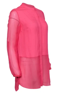 Elie Tahari - Hot Pink Button-Up Silk Blouse w/ Sheer Hem & Sleeves Sz XS