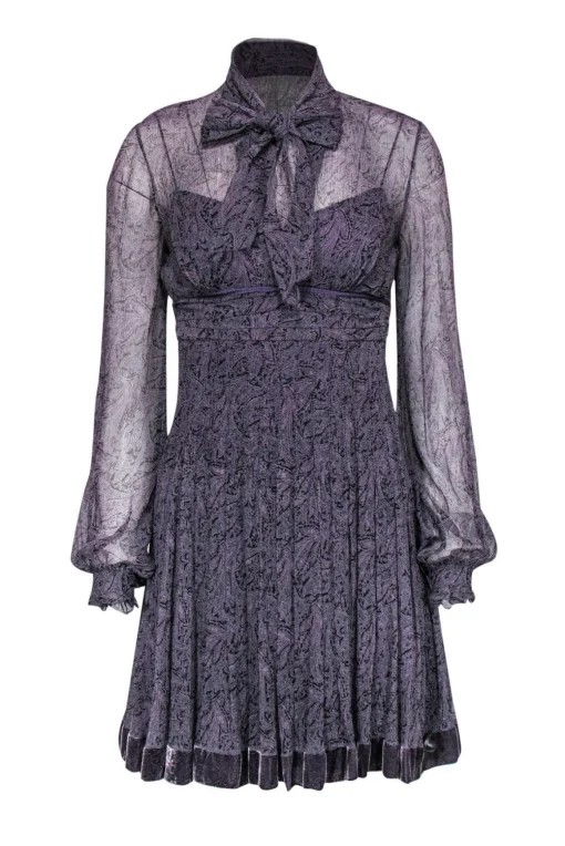 Elie Tahari - Purple Printed Sheer Silk Shift Dress w/ Velvet Trim Sz 2