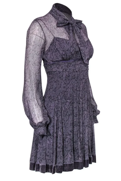 Elie Tahari - Purple Printed Sheer Silk Shift Dress w/ Velvet Trim Sz 2
