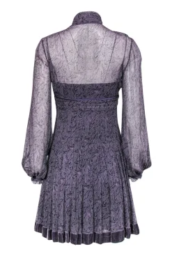 Elie Tahari - Purple Printed Sheer Silk Shift Dress w/ Velvet Trim Sz 2