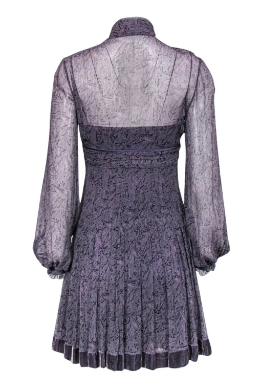Elie Tahari - Purple Printed Sheer Silk Shift Dress w/ Velvet Trim Sz 2