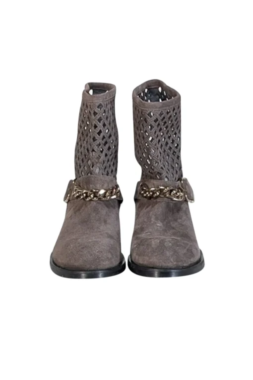 Elisabetta Franchi - Grey Suede Laser Cut Detail Short Boots Sz 8