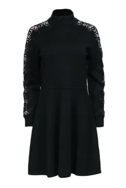 Eliza J - Black Knit Fit & Flare Dress w/ Lace Sleeve Details Sz L