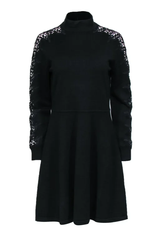 Eliza J - Black Knit Fit & Flare Dress w/ Lace Sleeve Details Sz L