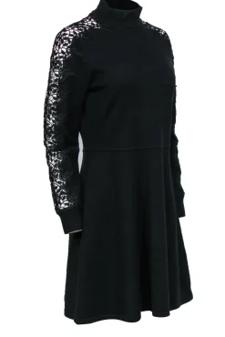 Eliza J - Black Knit Fit & Flare Dress w/ Lace Sleeve Details Sz L