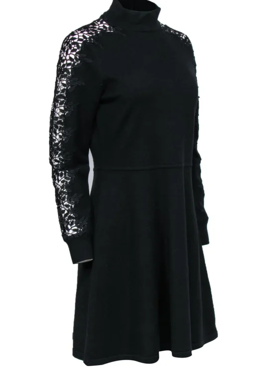 Eliza J - Black Knit Fit & Flare Dress w/ Lace Sleeve Details Sz L
