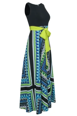 Eliza J - Black Sleeveless Bodice w/ Blue & Green Print Bottom Maxi Dress Sz 2P