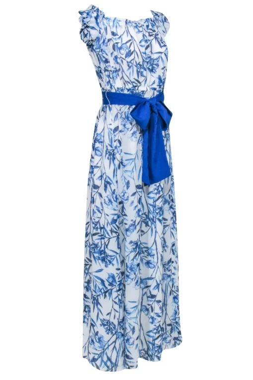 Eliza J - Blue & White Floral Print Off The Shoulder Maxi Dress Sz 8
