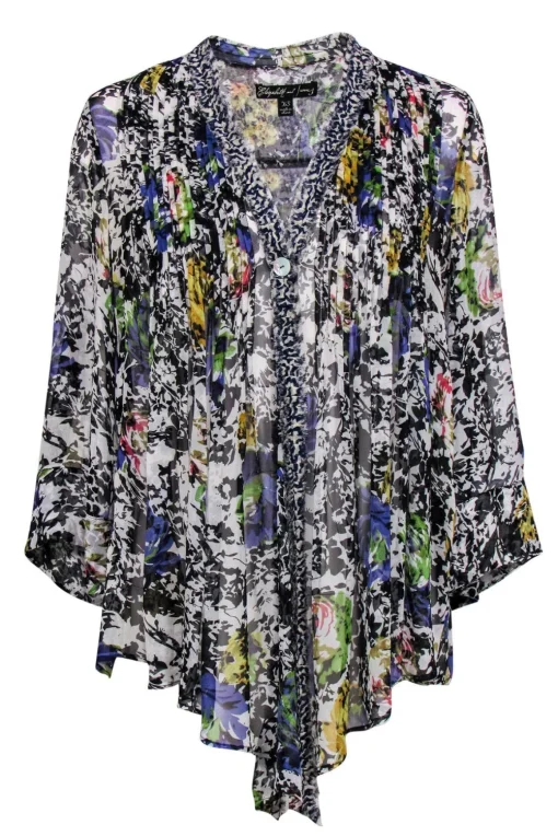 Elizabeth & James - Multicolor Floral Silk Semi-Sheer Butterfly Wing Top Sz XS