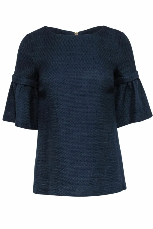 Elizabeth McKay - Navy Woven Detachable Flounce Sleeve Top Sz XS