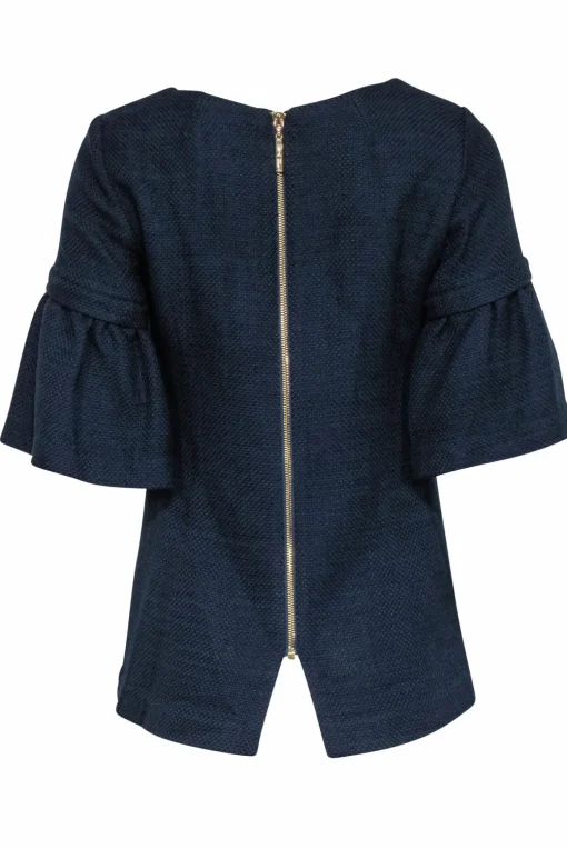 Elizabeth McKay - Navy Woven Detachable Flounce Sleeve Top Sz XS
