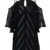 Ella Moss - Black Cold-Shoulder Metallic Striped Ruffle Dress Sz S