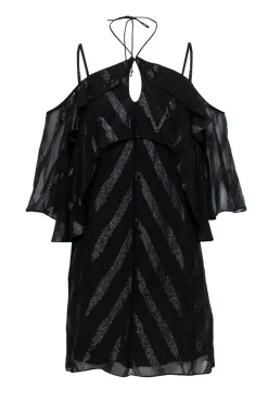 Ella Moss - Black Cold-Shoulder Metallic Striped Ruffle Dress Sz S