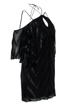 Ella Moss - Black Cold-Shoulder Metallic Striped Ruffle Dress Sz S